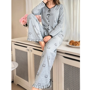 Women's cute cartoon bear print pajama set in grey with ruffle trim and button front