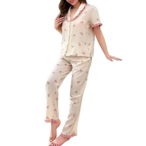 Floral print short sleeve pajama set with lace trim and long pants for women