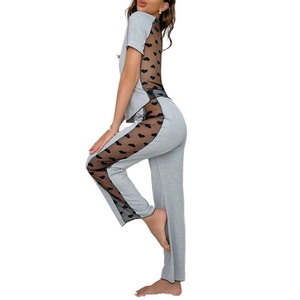 Women's heart print mesh panel two-piece pajama set with short sleeve top and trousers
