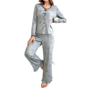 Women's light gray pajama set with black cartoon bear print and ruffled hems