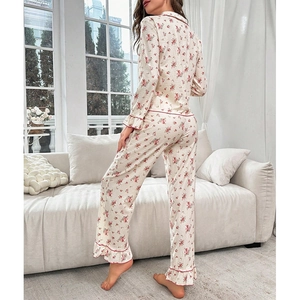 Chic floral pajama set with lapel collar and flare sleeves for women loungewear