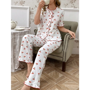 Damen Süßer Kirschdruck Schlafanzug Top And Bottom Kurzarm Shirt Lange Hose Komfortabel Casual Hauskleidung
