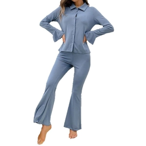 Light blue ribbed pajama set with lapel collar button-up top and flared leg pants