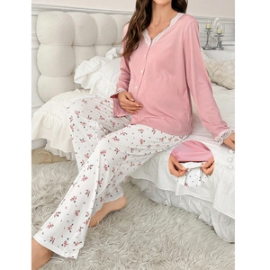 Damen Umstands Schlafanzug Set Rosa Langarm Spitzenbesatz Oberteil Und Blumendruck Hose Umstands Nachtwäsche Top And Bottom