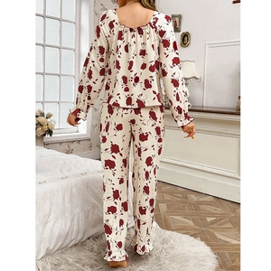 Floral pajama set with square neck long sleeves and ruffled hem on back view model