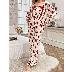 French style floral pajamas set with long sleeves square neck and red bows for women