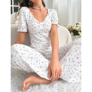 Sweet Floral Loungewear Women V-Neck Short Sleeve Top And Long Pants Ribbed Knit Pajamas Casual Home Clothes Soft Nightwear