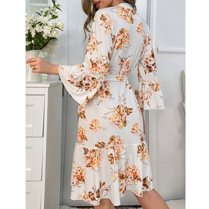 Floral print robe with flare sleeves and belted waist shown from a back view