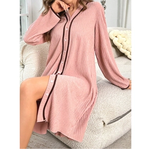 Peach pink V-neck pajama dress with vertical pleats and contrast piping trim