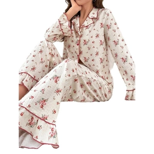 Floral print pajama set with lapel cardigan and flare sleeves for women loungewear