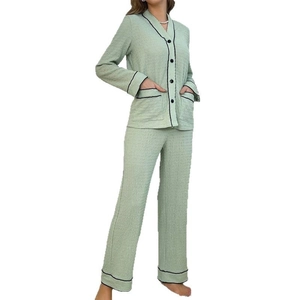 Women's 2-piece lounge sleepwear set in sage green with black contrast piping detail