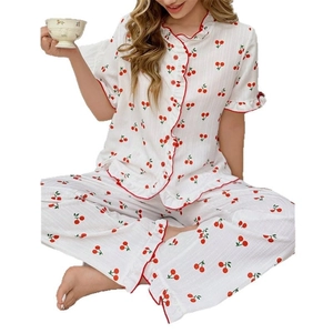 Damen-Schlafanzug-Set mit süßem Kirschdruck, Rüschenärmeln und langer Hose für Zuhause