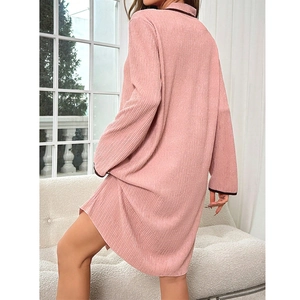 Pink V-neck long sleeve nightgown for women with textured fabric and contrast piping detail