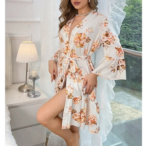 Floral print satin robe for women with vibrant butterfly patterns and waist belt