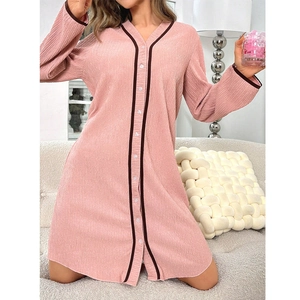Pink V-neck long sleeve button-up pajama dress with contrast trim and pleated texture