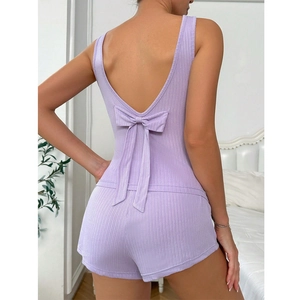 Chic light purple backless summer lounge romper with ribbed knit and a delicate bow detail
