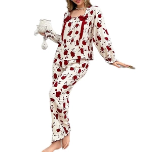 Floral pajama set for women with square collar, red bows and elegant ruffle hem details