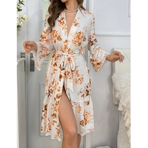 Women Sweet Floral Print V Neck Robe With Belt Ruffle Hem 3/4 Flare Sleeve Nightwear Spring Summer Midi Home Service Gown