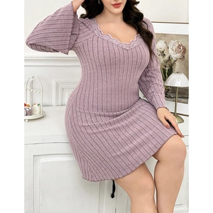 Elegant purple V-neck knit loungewear dress with lace trim and ribbed texture detail