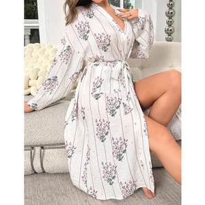 Floral print V-neck long sleeve kimono robe with waist tie and textured white fabric