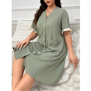 Chemise de Nuit Grande Taille Femme Col en V Vert Sauge Manches Courtes Volants Coton Lin Loungewear Simple Boutonnage Robe de Chambre