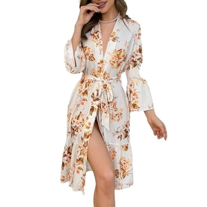 Floral print waist-tie bathrobe with bell sleeves and ruffle hem for women