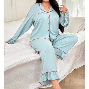 Women's Plus Size Mint Green Pajama Set Button Down Lapel Long Sleeve Top And Bottom With Ruffle Hem Contrasting Piping Loungewear