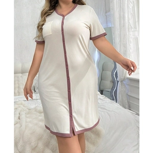 Women's plus size beige ribbed knit nightdress with short sleeves and purple trim edges