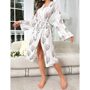Floral V-neck belted lounge robe with elegant vertical pleated texture and white floral print