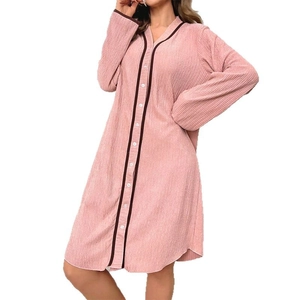 Pink V-neck long sleeve button-up pajama dress with contrast trim and pleated fabric texture