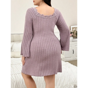 Lavender long-sleeve knit lounge dress with delicate lace V-neckline and ribbed texture