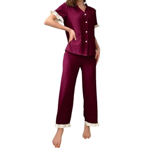 Burgundy short sleeve V-neck pajama set with white ruffle trim and long pants