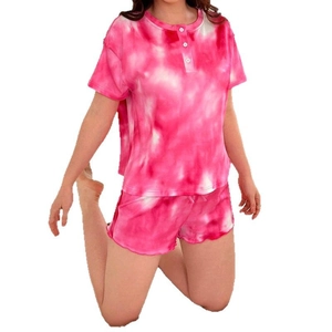 Rosa-weißes Batik-Schlafanzug-Set mit geknöpftem Kurzarm-Oberteil und Shorts