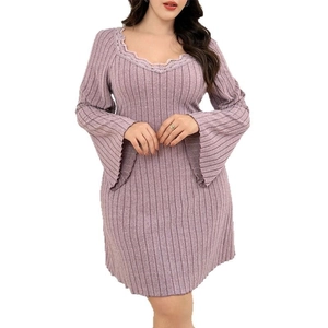 Lavender knit pajama dress with lace V-neck and flared sleeves for women's loungewear