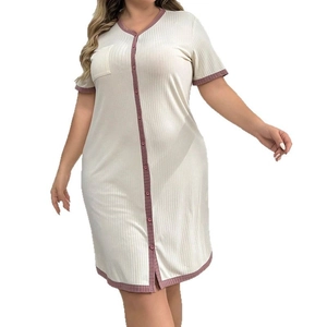 Short sleeve button down ribbed sleepwear dress with mauve contrast trim and chest pocket