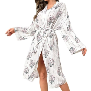 Floral V-neck belted robe with bell sleeves and pleated texture in white and pink