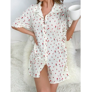 Women Summer Floral Short Sleeve Button Down Nightgown Casual Seersucker Pajama Dress Lapel Loungewear Housecoat