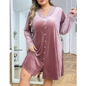Plus size velvet loungewear dress in rose pink with delicate lace trim and pearl buttons