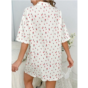 Women's summer seersucker sleepshirt in white with red floral print and short sleeves