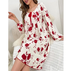 Floral long sleeve nightdress with bow tie neckline and red trim in cream white