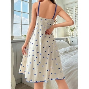 Sexy heart print slip nightdress for women in cream white with blue straps and wavy hem