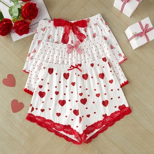 Damen Schlafanzug Loungewear Nachtwäsche Gerippte Shorts Herz Blumenmuster Bedruckt Schleife Spitze Unterteile Für Valentinstag
