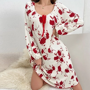Women floral long sleeve lounge sleepshirt with red flowers and bow detail