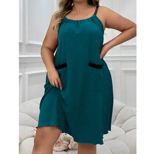 Summer loose plus size dark green slip dress with pockets and pleated neckline