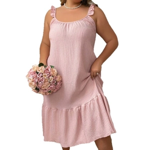 Pink sleeveless seersucker dress with ruffle straps and hem for summer homewear
