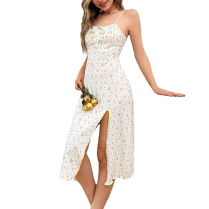 Floral print summer slip dress for women with slit design and adjustable thin straps