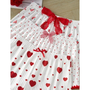 Dreiteiliges Damen-Schlafshorts-Set aus Rippstoff mit Herzprint und Schleifen-Deko
