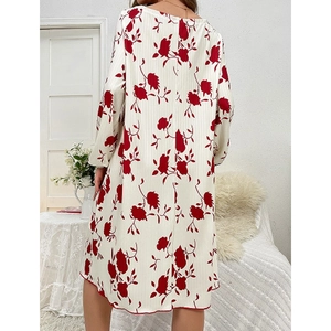 Floral print long sleeve pleated dress pajama for women with elegant red flower patterns