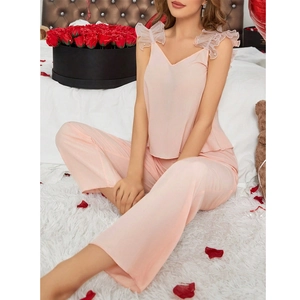 Lace trim v-neck camisole and long pants pajama set in pink silk-like fabric
