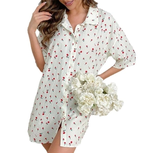 Floral short sleeve button-up sleep dress with red rose pattern and ruffled texture
